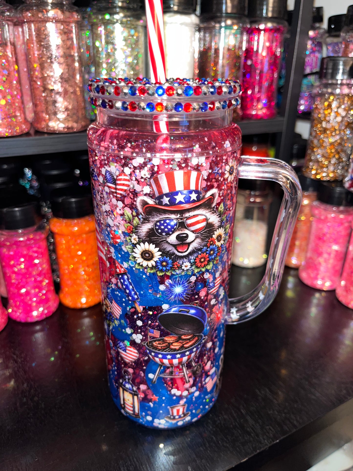 Patriotic Red White Blue - Dual Lava with Handle & Bling Lid