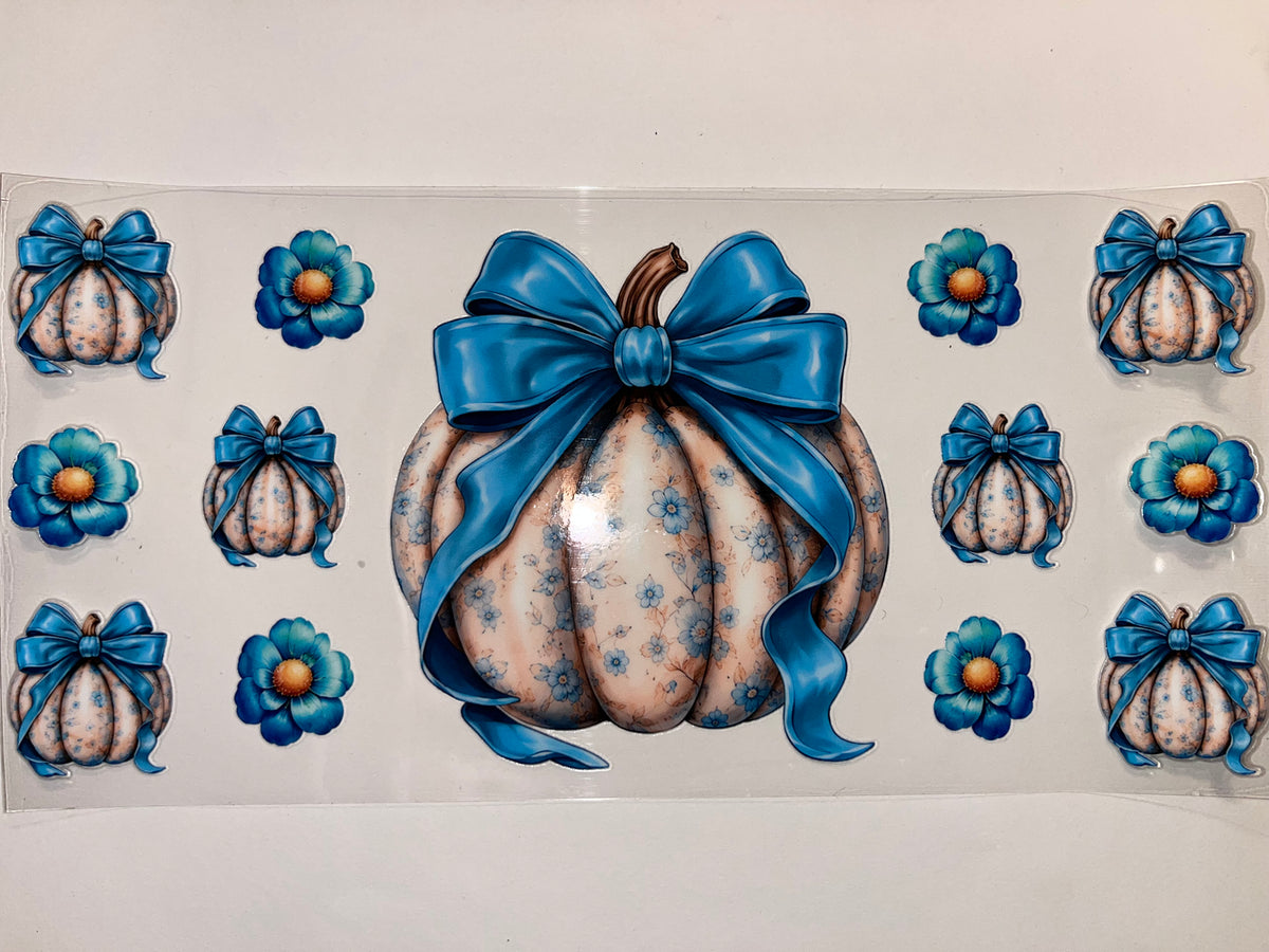 White Pumpkin Blue Bow - Fall