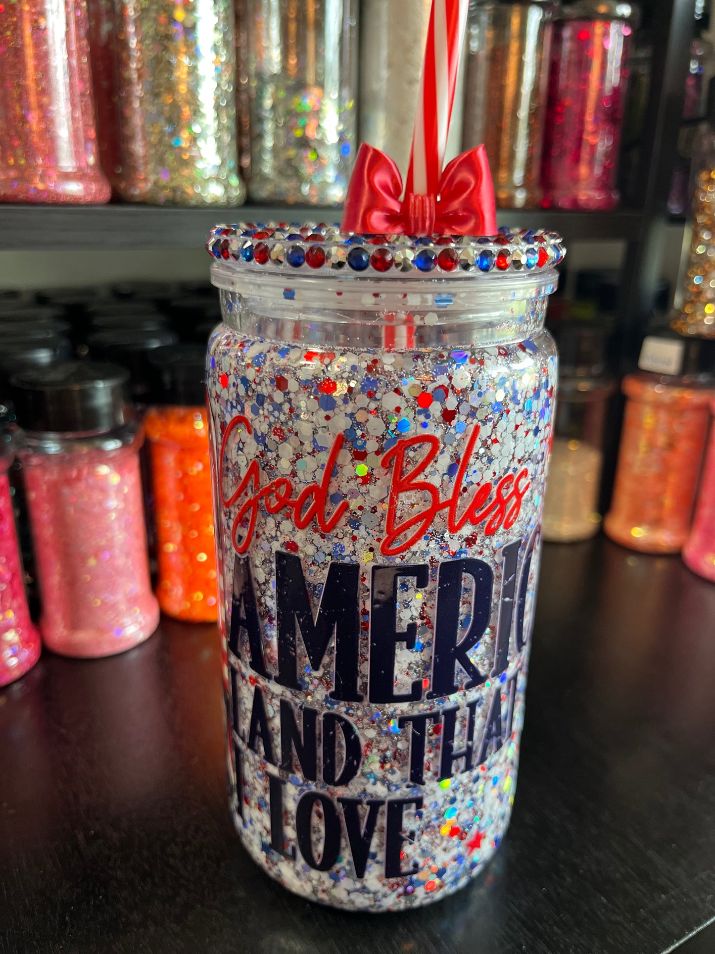 God Bless America - glitter with Bling Lid
