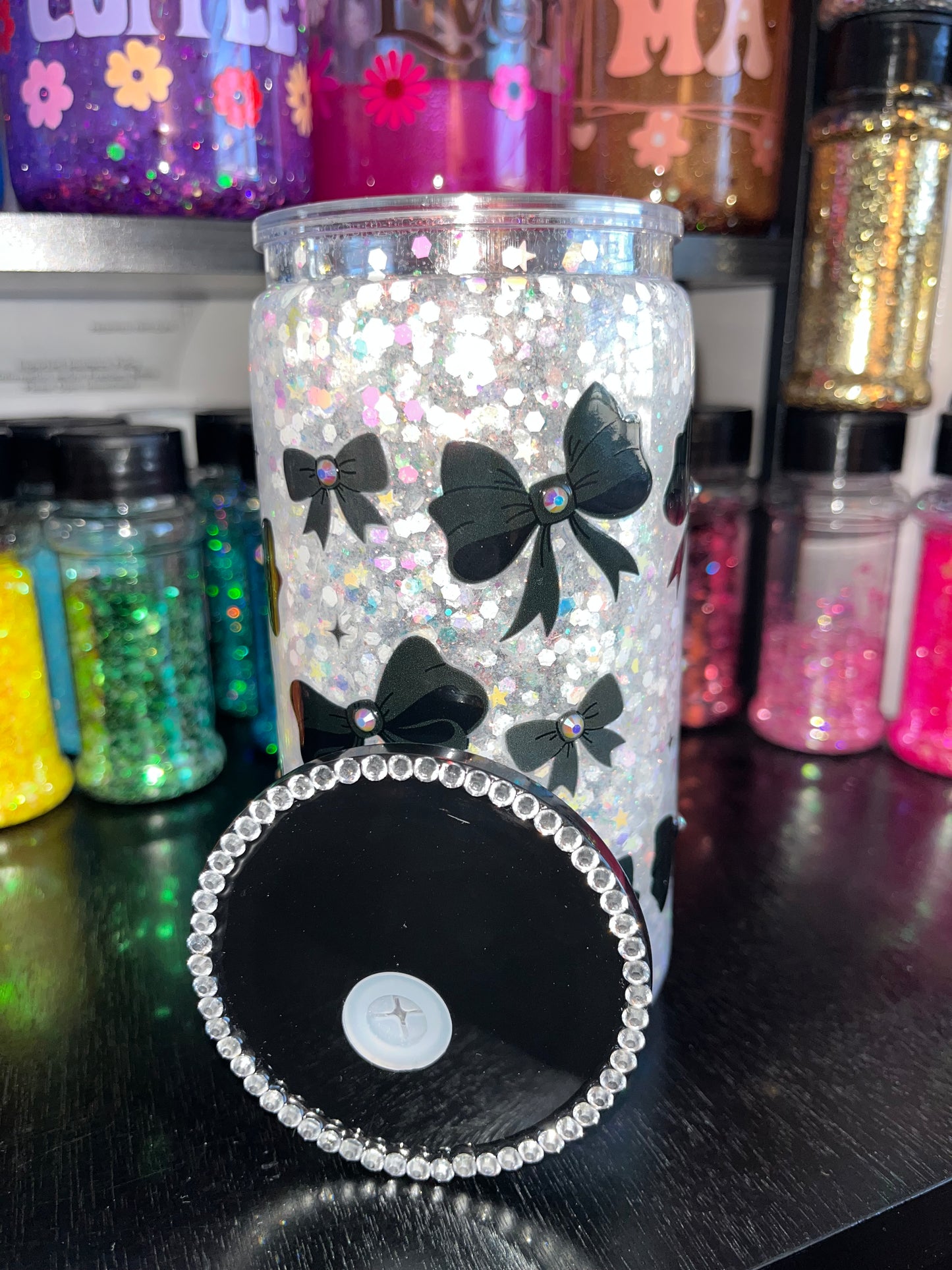 Black Bows with White Glitter Snow Globe Tumbler