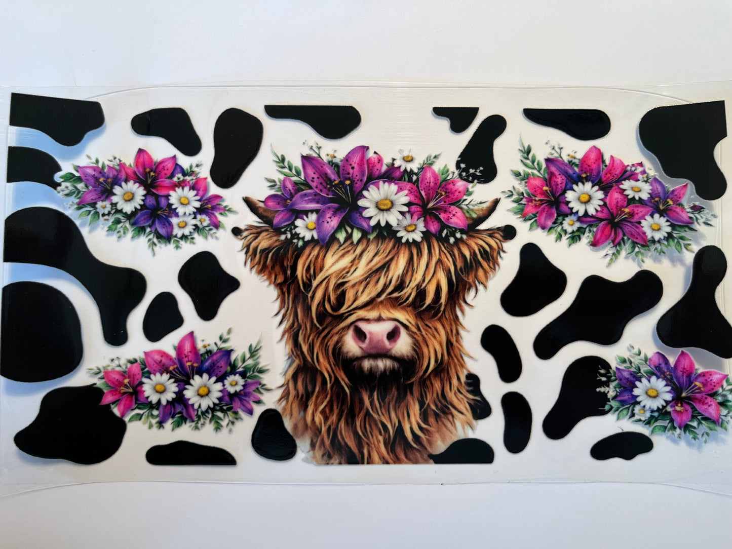 Highland Cow with Pink & Purple Flowers