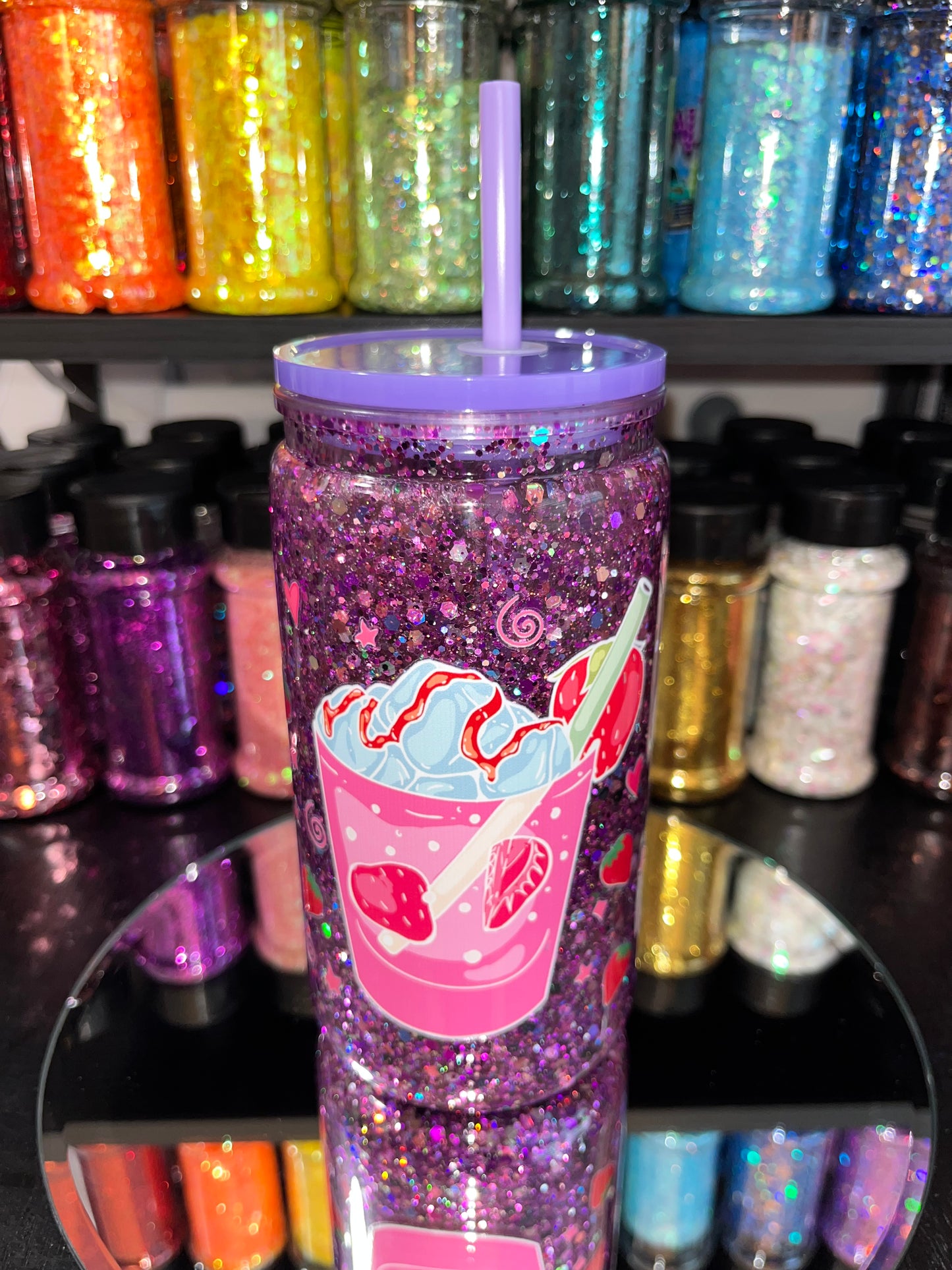 Strawberry Shakes with Purple Glitter Snow Globe Tumbler