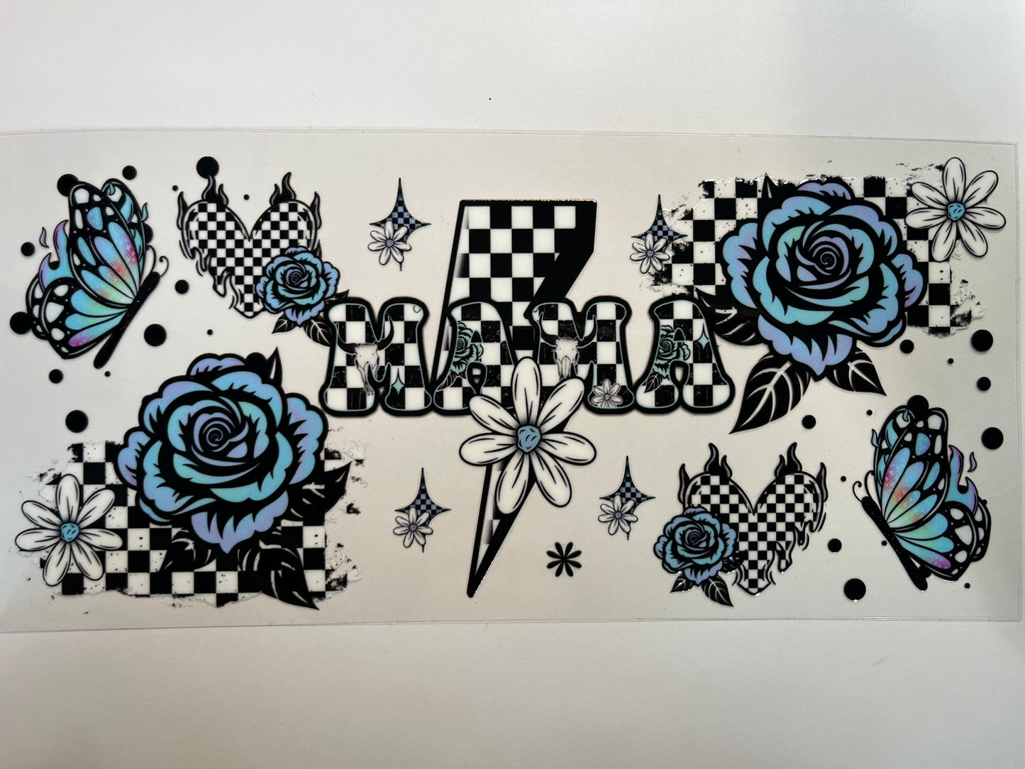 Checkered Mama with Blue Flowers & Butterflies