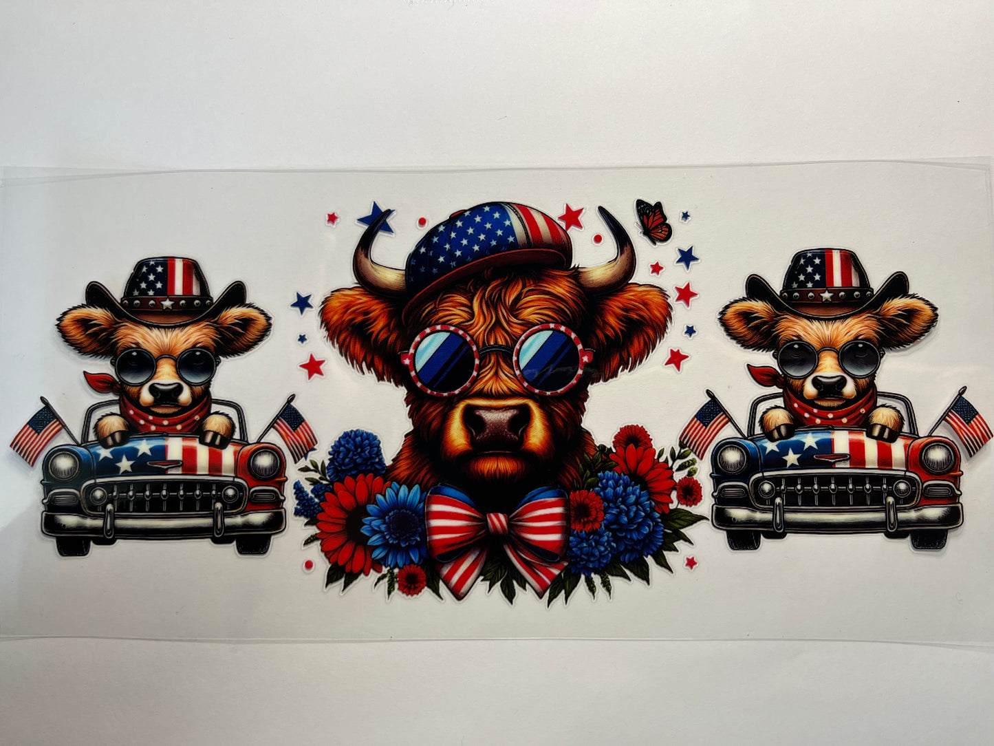 Red White & Blue Highland Cow in Car