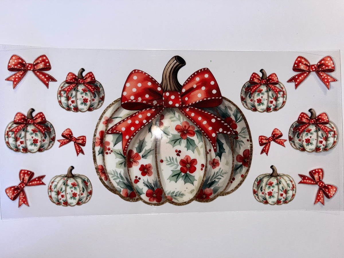 White Pumpkin with Red Flowers - Fall