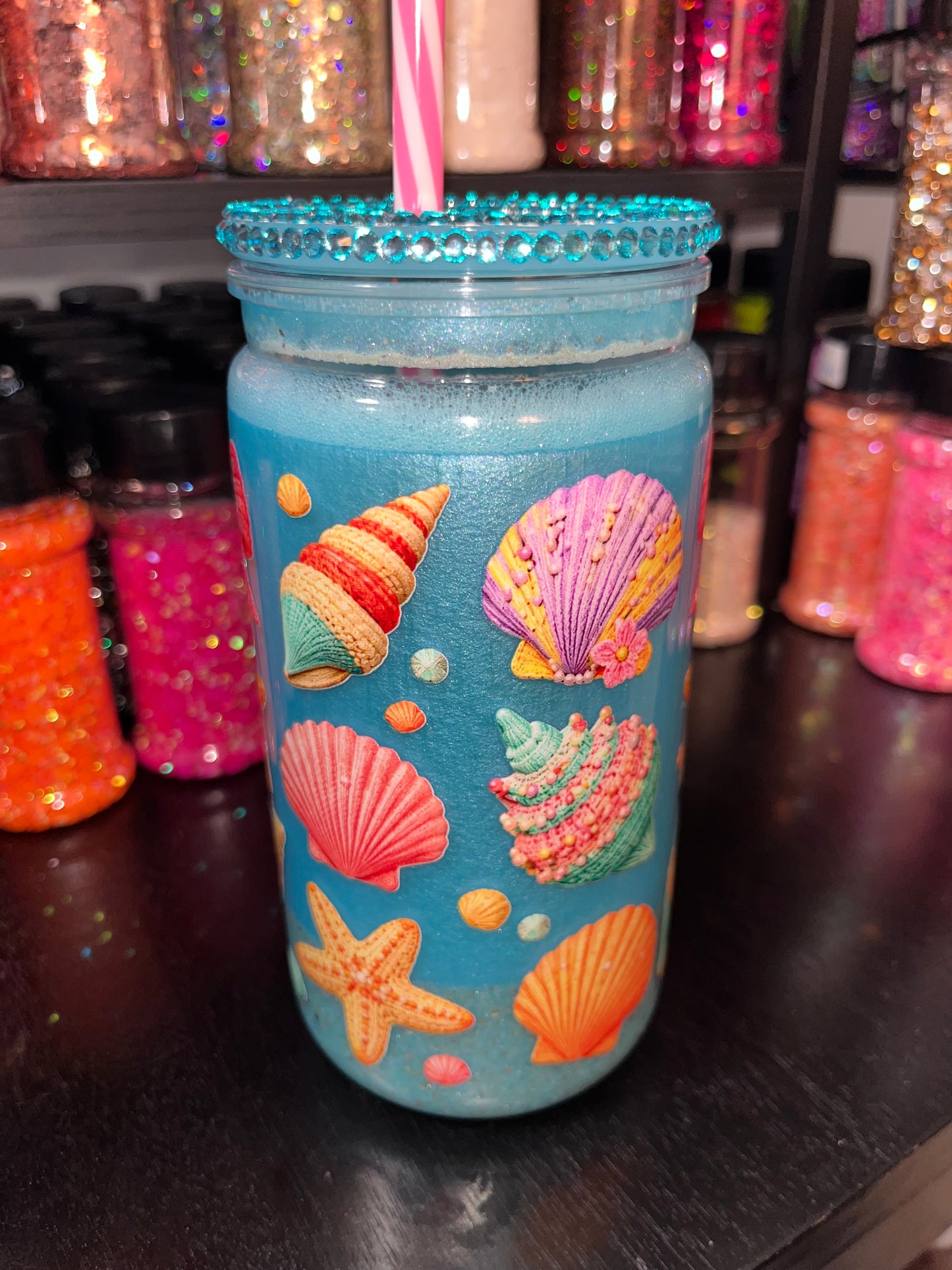 Bows & Seashells with Sand & Bling Lid