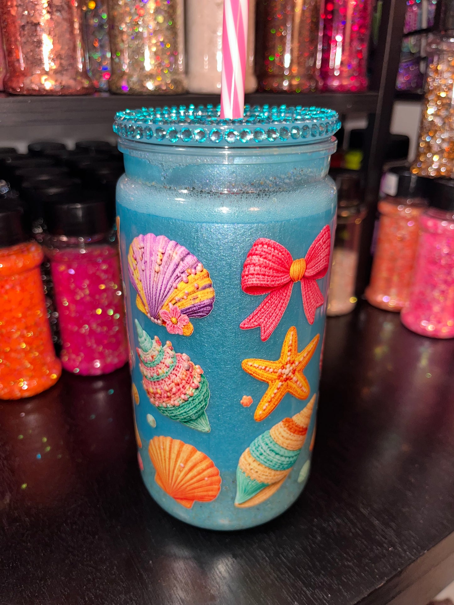 Bows & Seashells with Sand & Bling Lid
