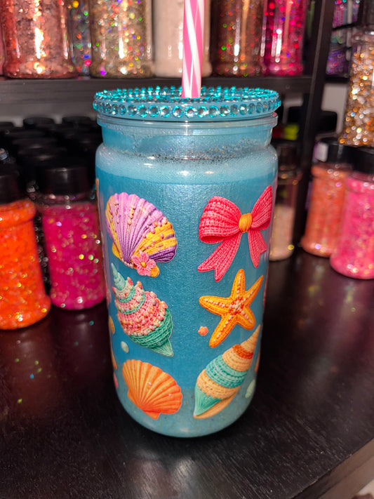 Bows & Seashells with Sand & Bling Lid
