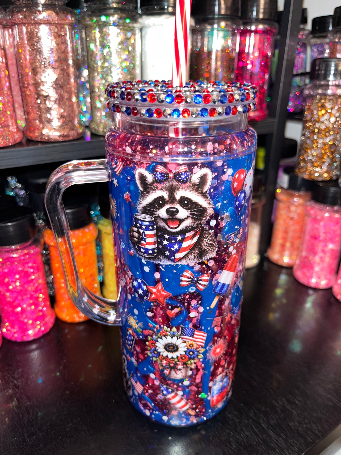 Patriotic Red White Blue - Dual Lava with Handle & Bling Lid