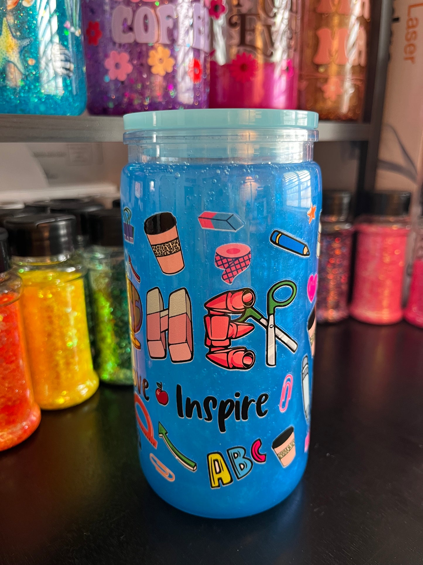 Teacher Blue Mica Snow Globe Tumbler