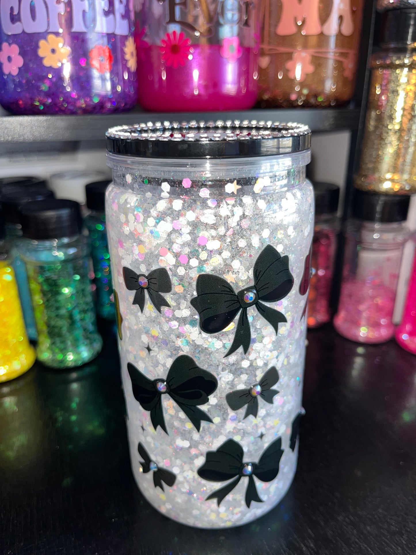 Black Bows with White Glitter Snow Globe Tumbler