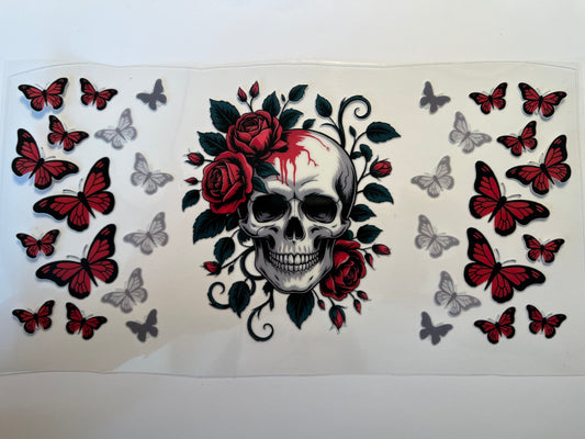 Skull with Red Roses & Butterflies