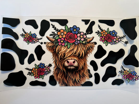 Highland Cow with Colorful Flowers