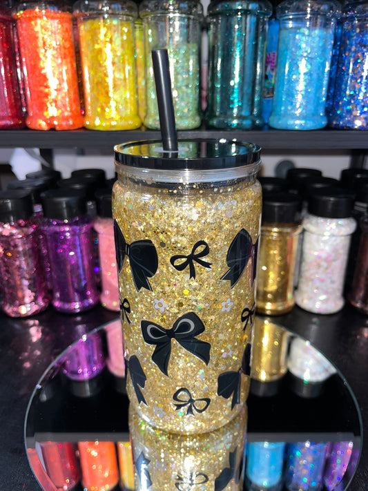 Black Bows Gold Glitter Snow Globe Tumbler