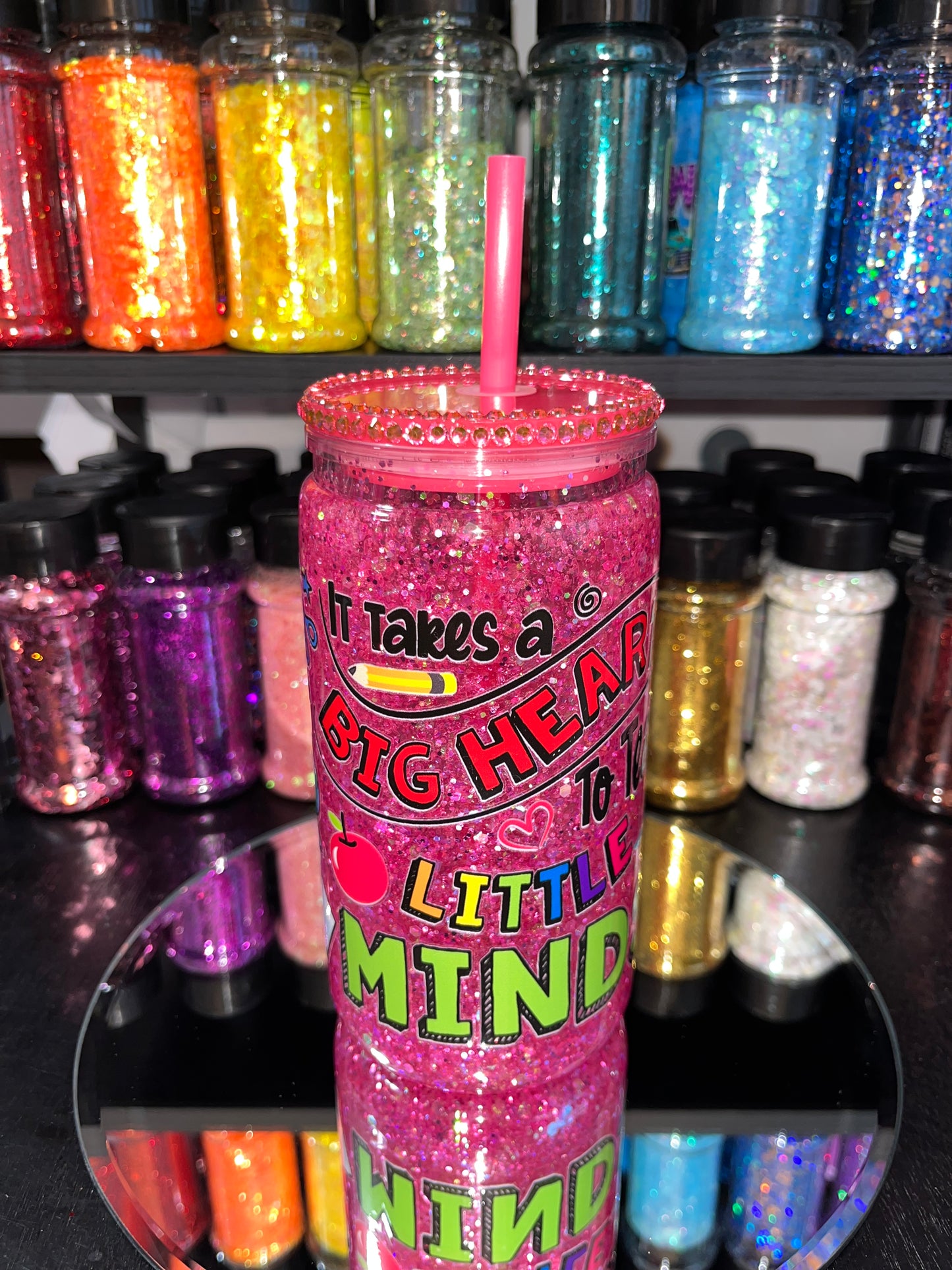 Teacher Pink Glitter Snow Globe Tumbler