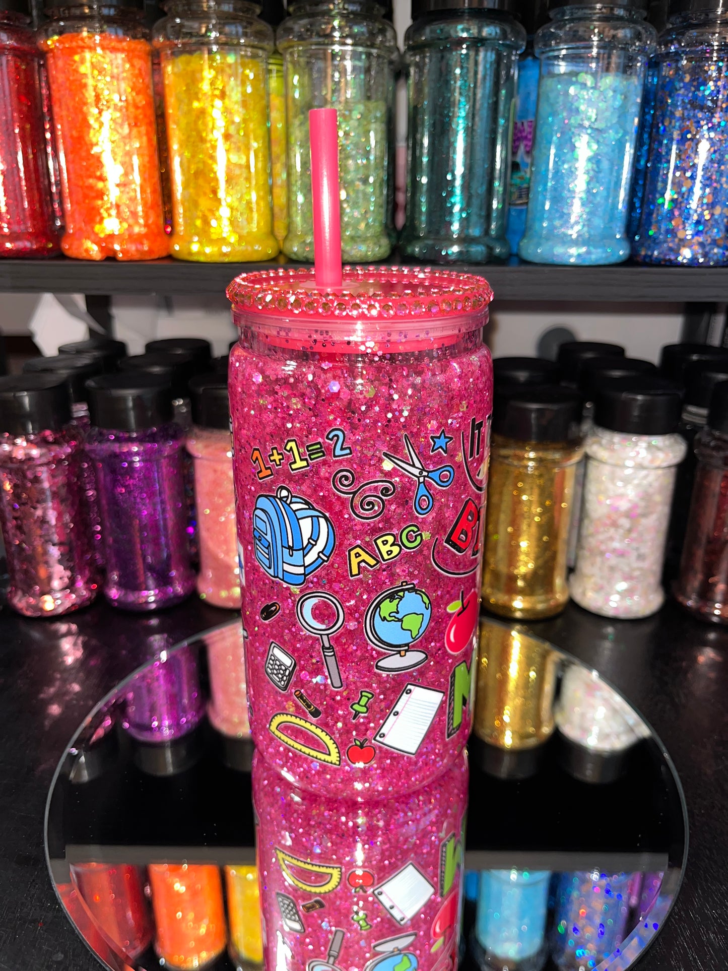 Teacher Pink Glitter Snow Globe Tumbler