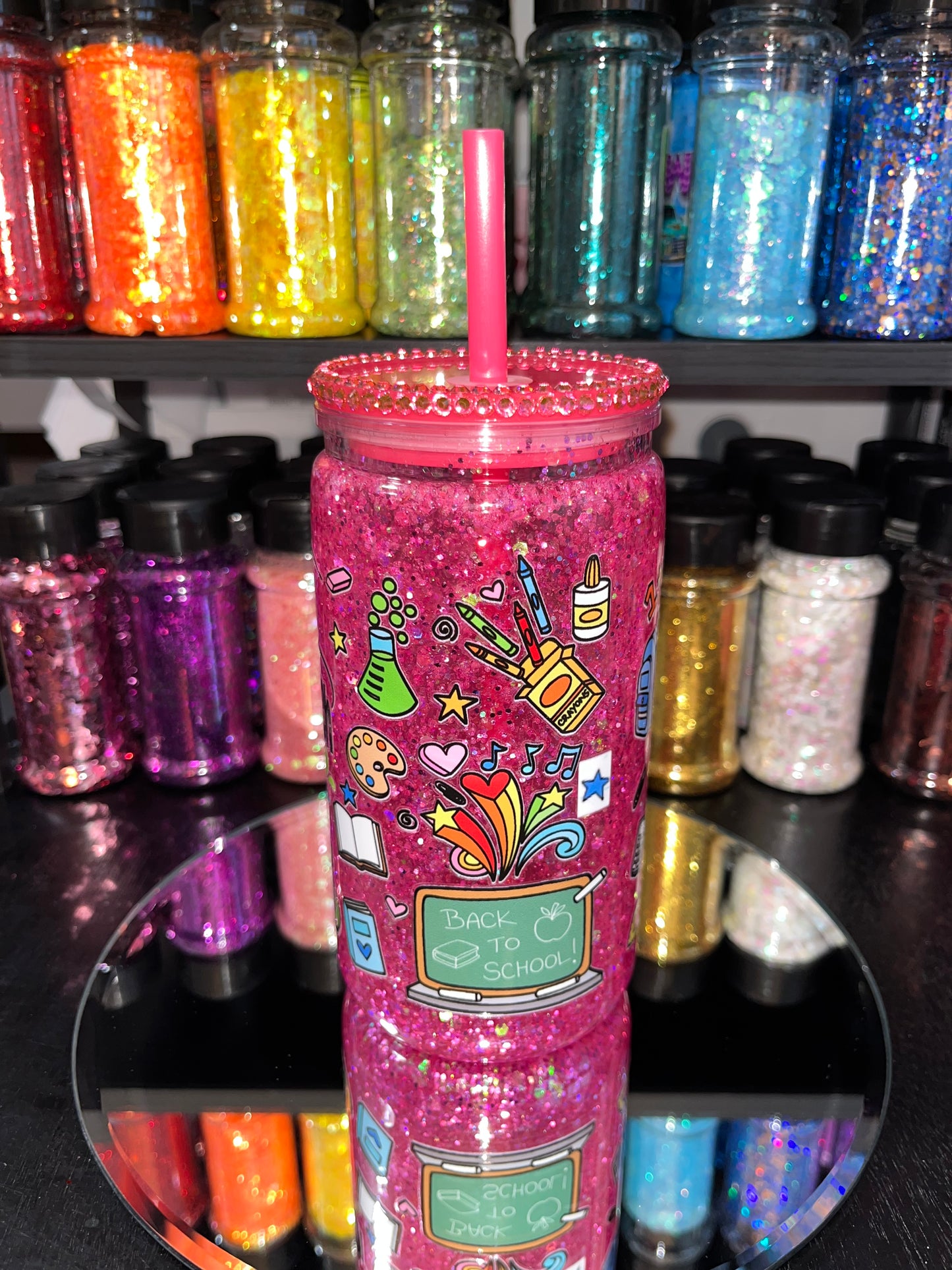 Teacher Pink Glitter Snow Globe Tumbler