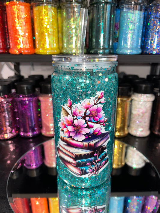 Book Lovers with Teal Glitter Snow Globe Tumbler