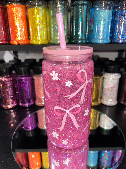 Pink Bows with Pink Glitter Snow Globe Tumbler