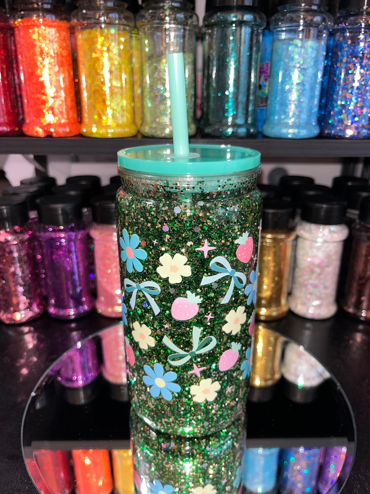 Spring Flowers & Bows Glitter Snow Globe Tumbler