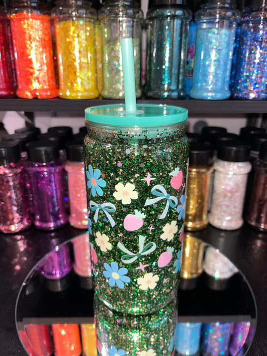 Spring Flowers & Bows Glitter Snow Globe Tumbler