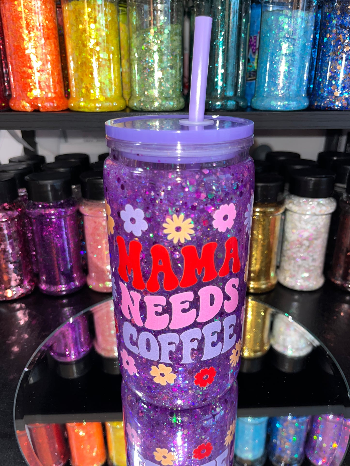 Mama Needs Coffee Glitter Snow Globe Tumbler