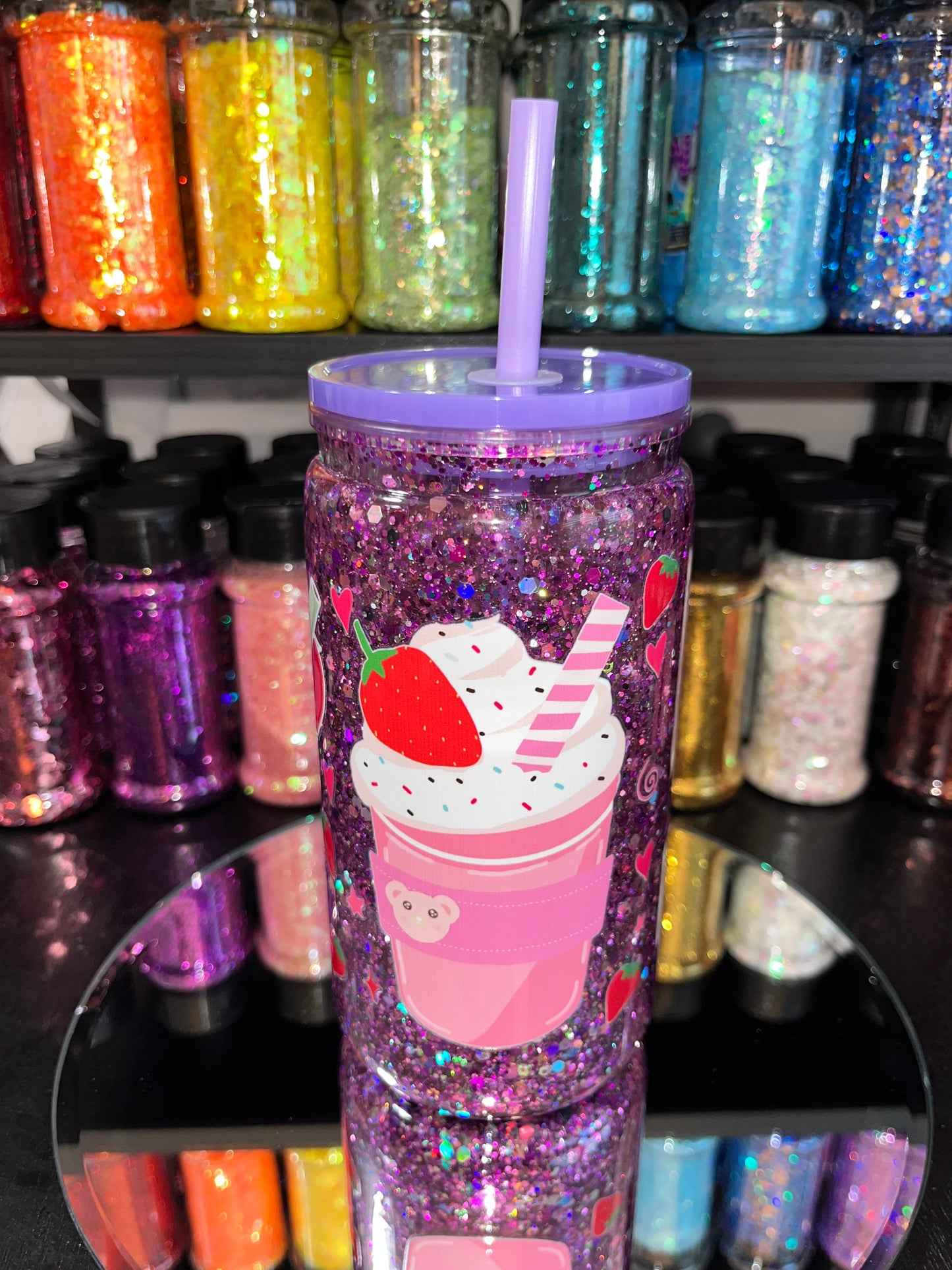 Strawberry Shakes with Purple Glitter Snow Globe Tumbler
