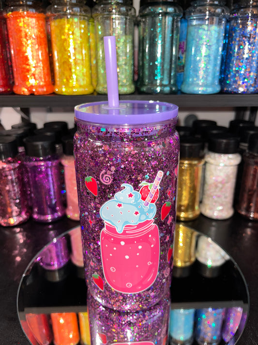 Strawberry Shakes with Purple Glitter Snow Globe Tumbler