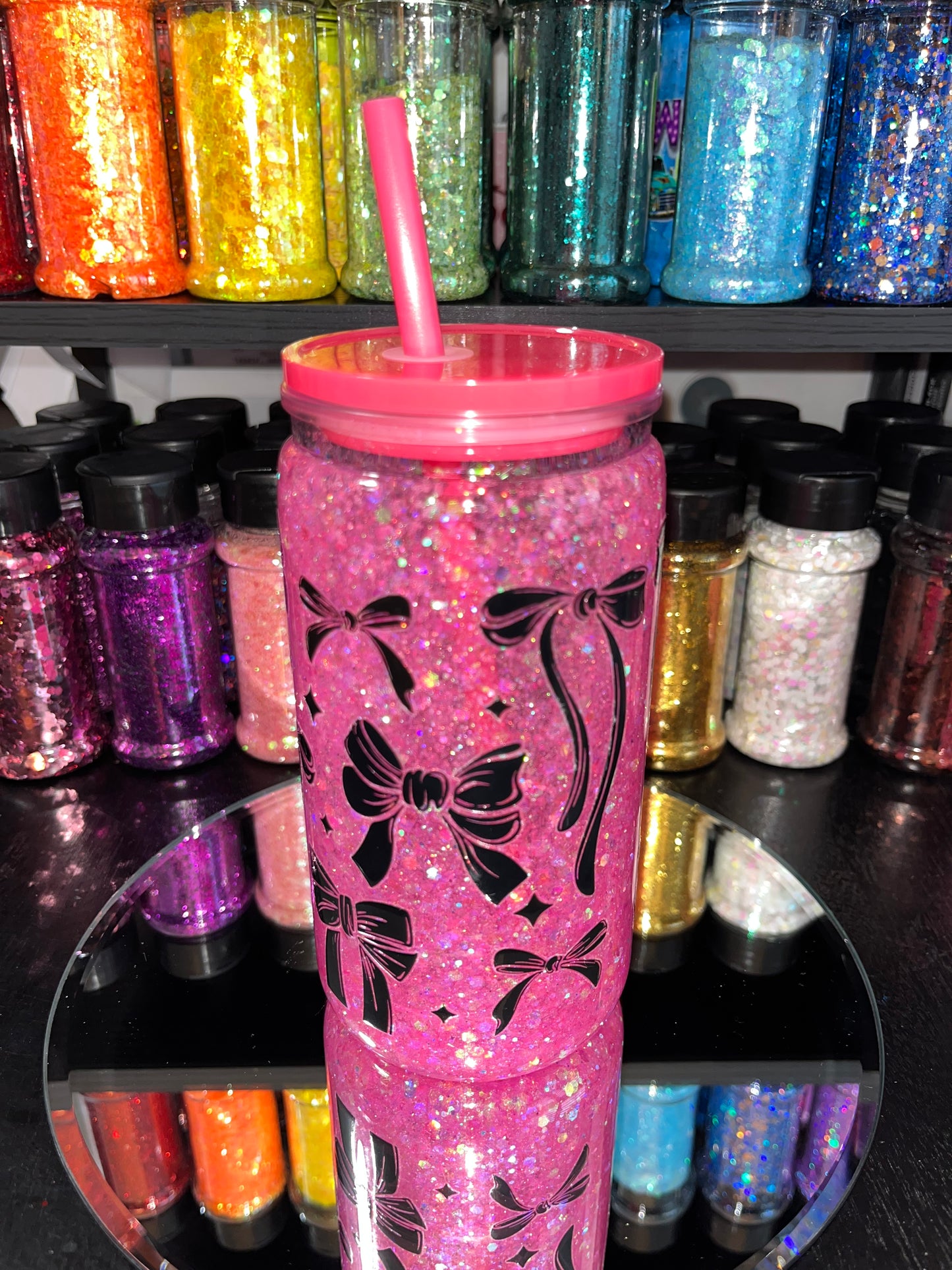 Black Bows Pink Glitter Snow Globe Tumbler