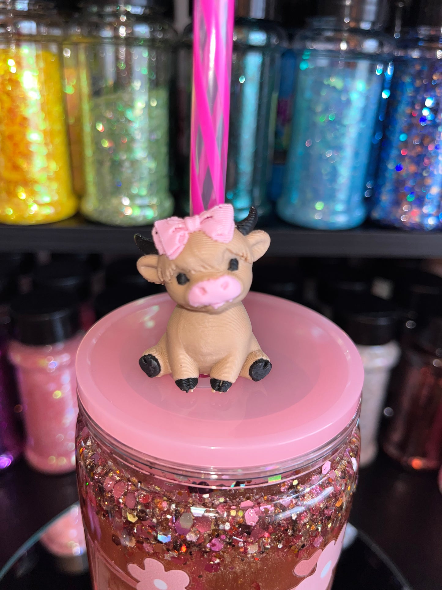 Cow with Pink Bow Straw Topper