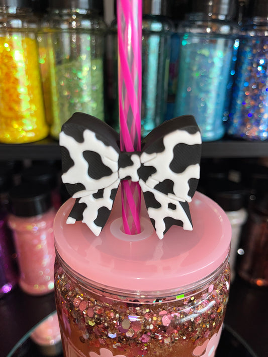 Cow Print Bow Straw Topper