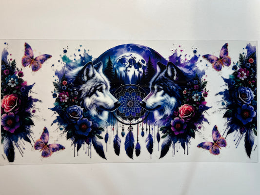 Two Wolves with Dream Catcher & Butterflies