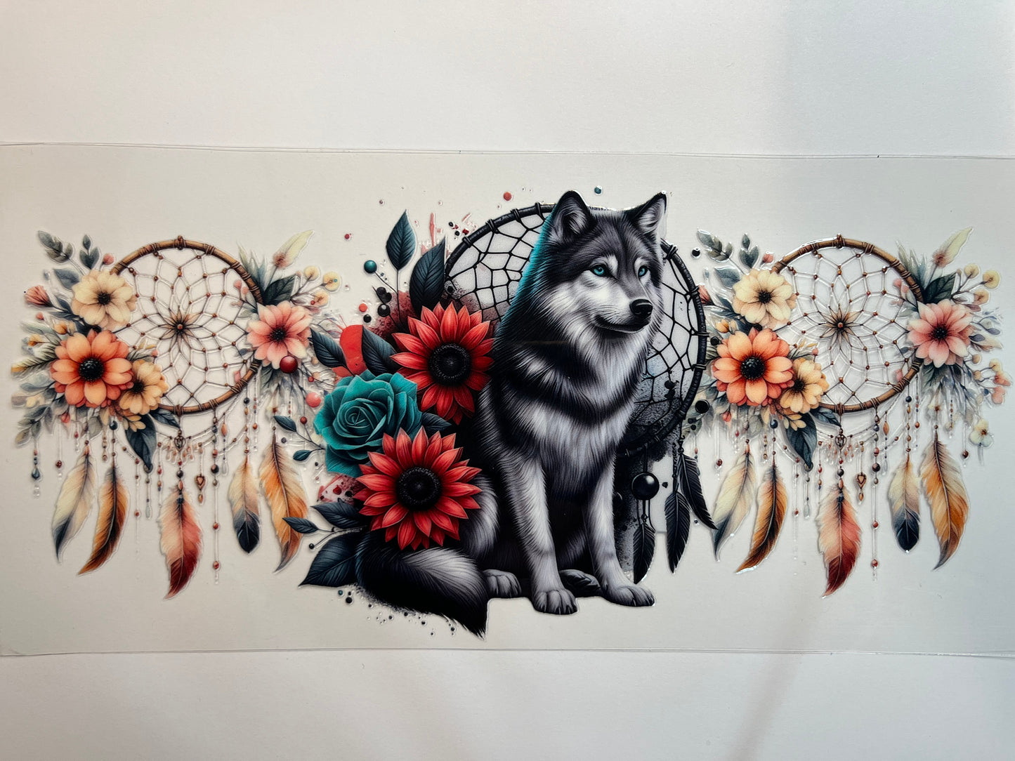 Wolf with Dream Catcher & Flowers