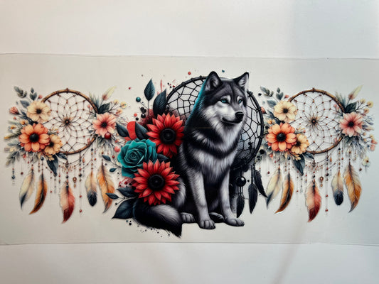 Wolf with Dream Catcher & Flowers