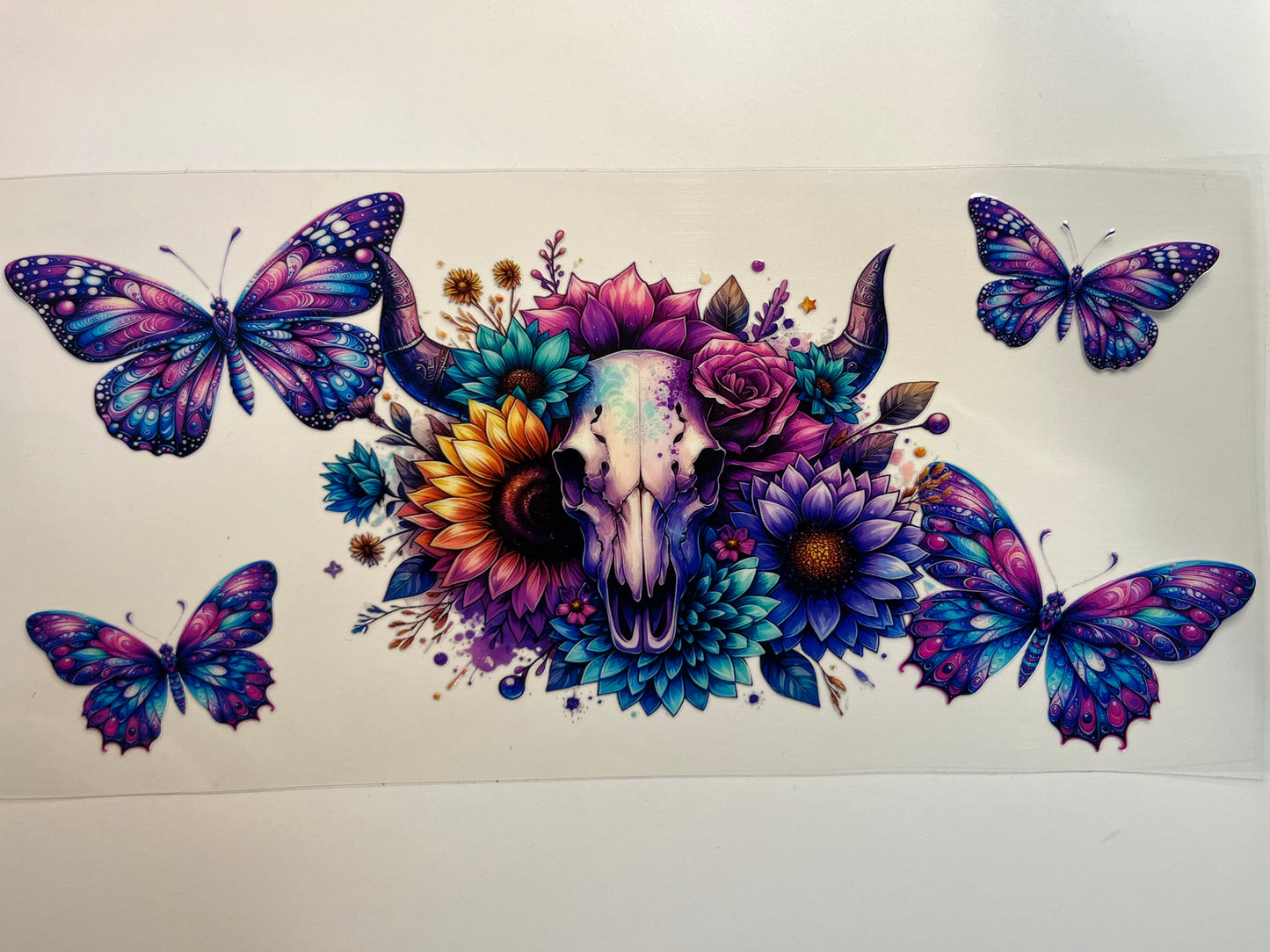 Skull with Purple Butterflies & Colorful Flowers