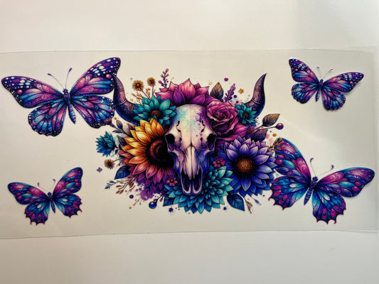 Skull with Purple Butterflies & Colorful Flowers