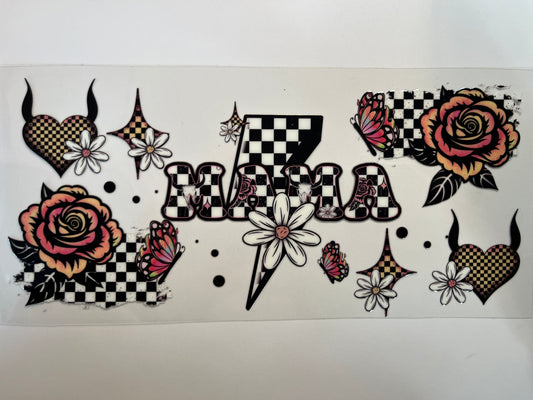 Checkered Mama with Orange/Red Hearts & Flowers