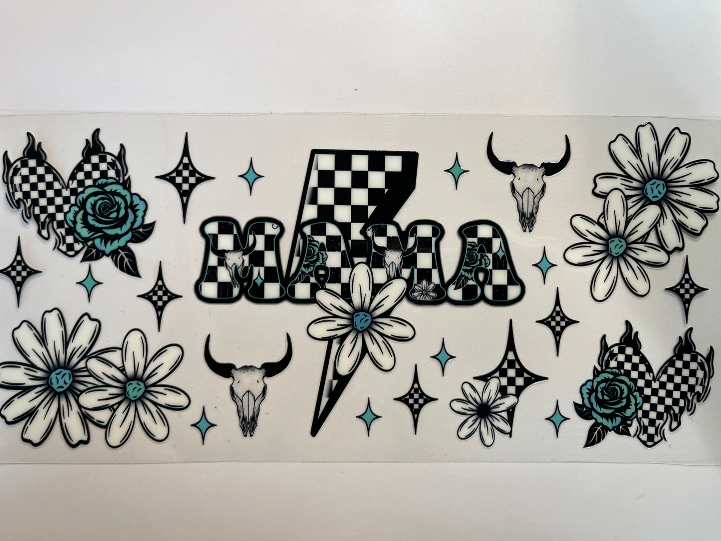 Checkered Mama with Teal Roses & White Flowers