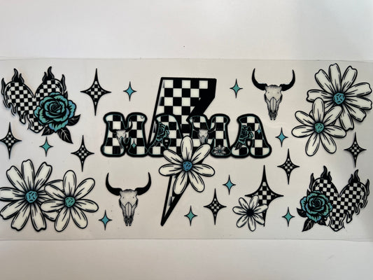 Checkered Mama with Teal Roses & White Flowers