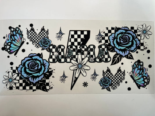 Checkered Mama with Blue Flowers & Butterflies