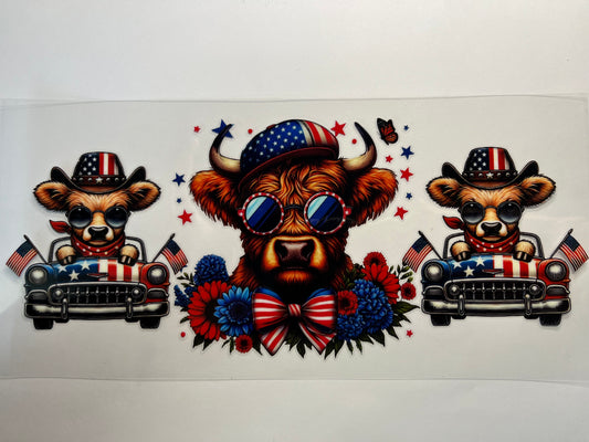 Red White & Blue Highland Cow in Car