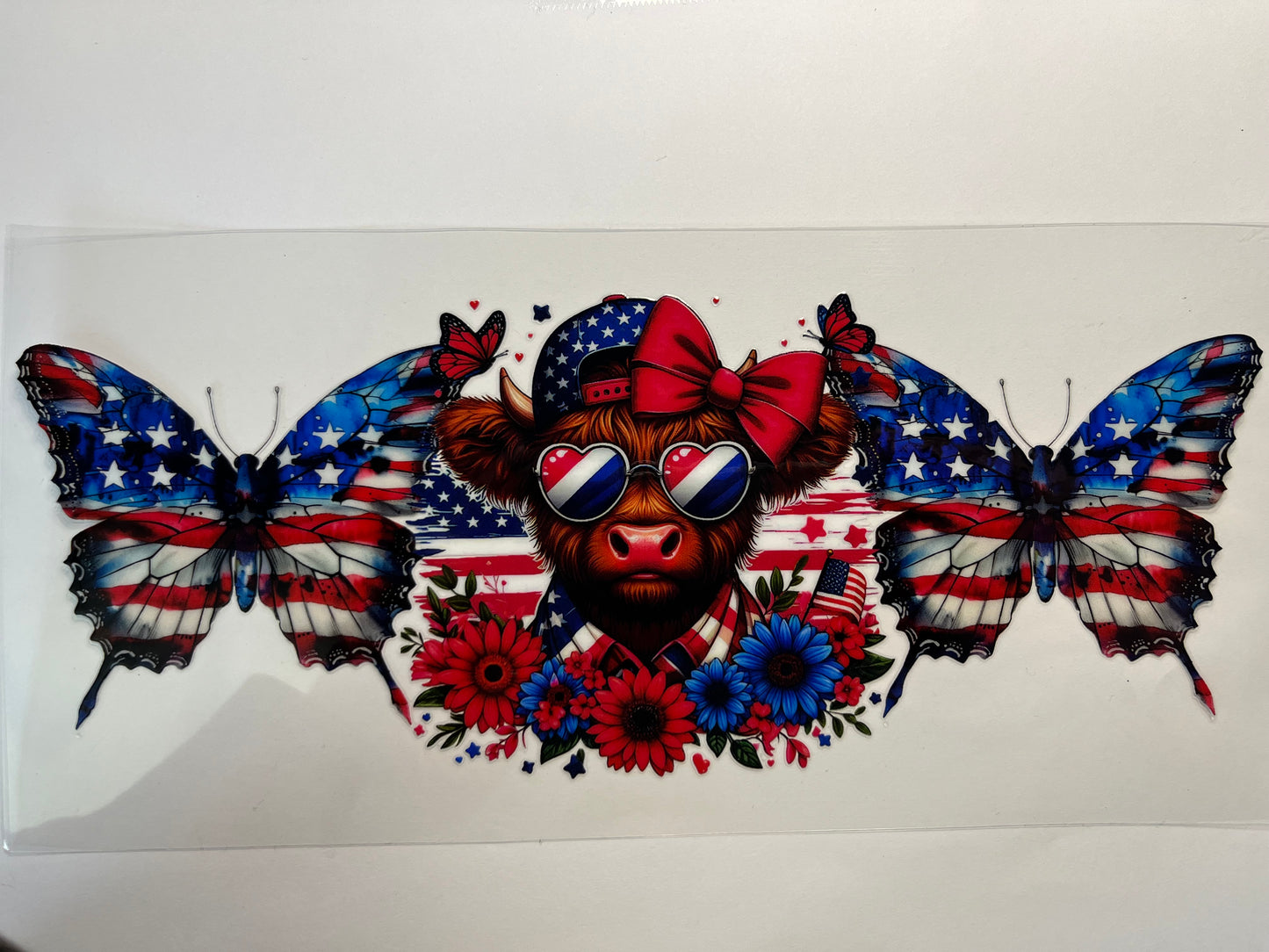 Red White & Blue Highland Cow with Butterflies