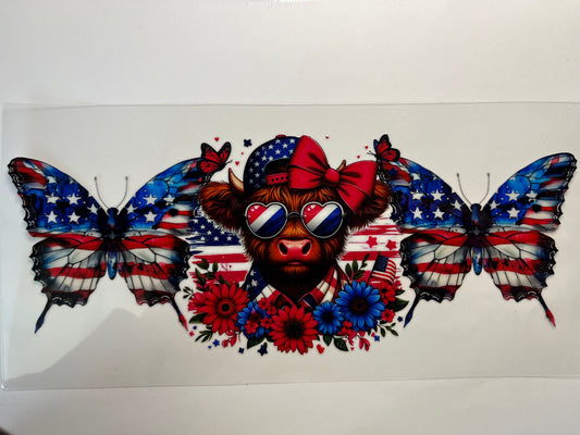 Red White & Blue Highland Cow with Butterflies